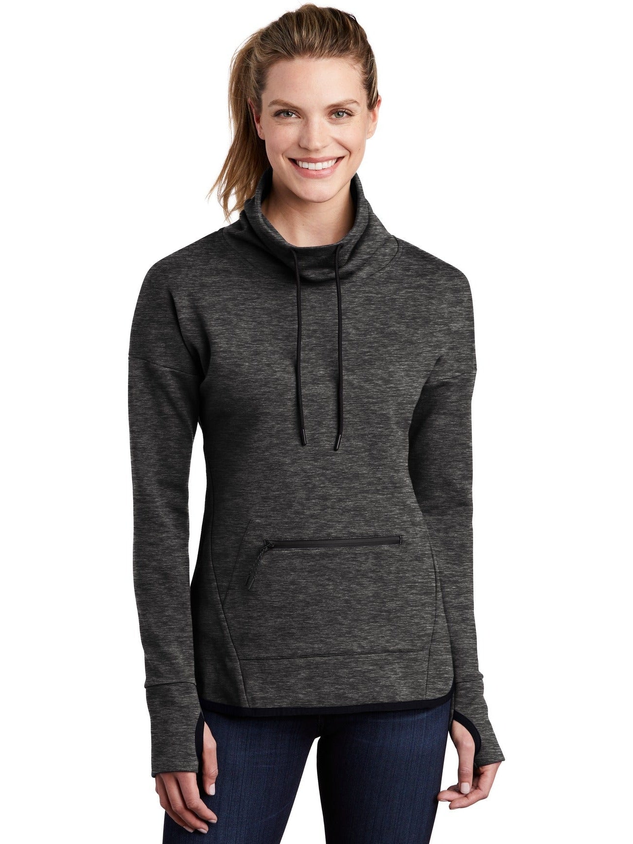 Sport-Tek Ladies Triumph Cowl Neck Pullover-Regular-Sport-Tek-Black Heather-S-Thread Logic