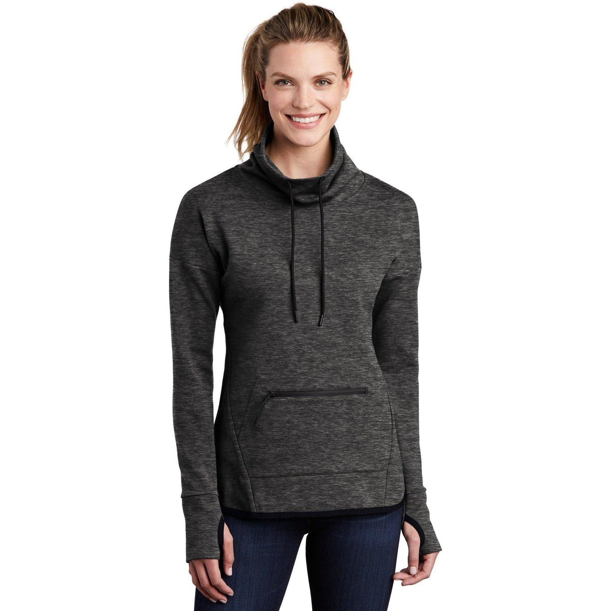 logo-left Sport-Tek Women's Triumph Cowl Neck Pullover-Regular-Sport-Tek-Black Heather-S-Thread Logic