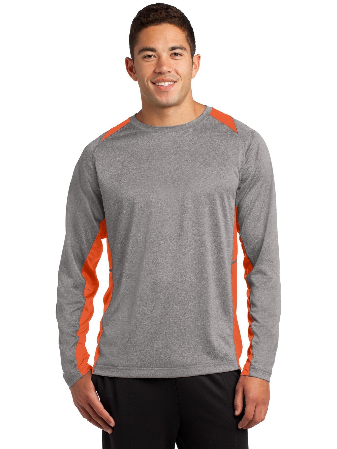 Sport-Tek Long Sleeve Heather Colorblock Contender Tee-Regular-Sport-Tek-Vintage Heather/Deep Orange-S-Thread Logic