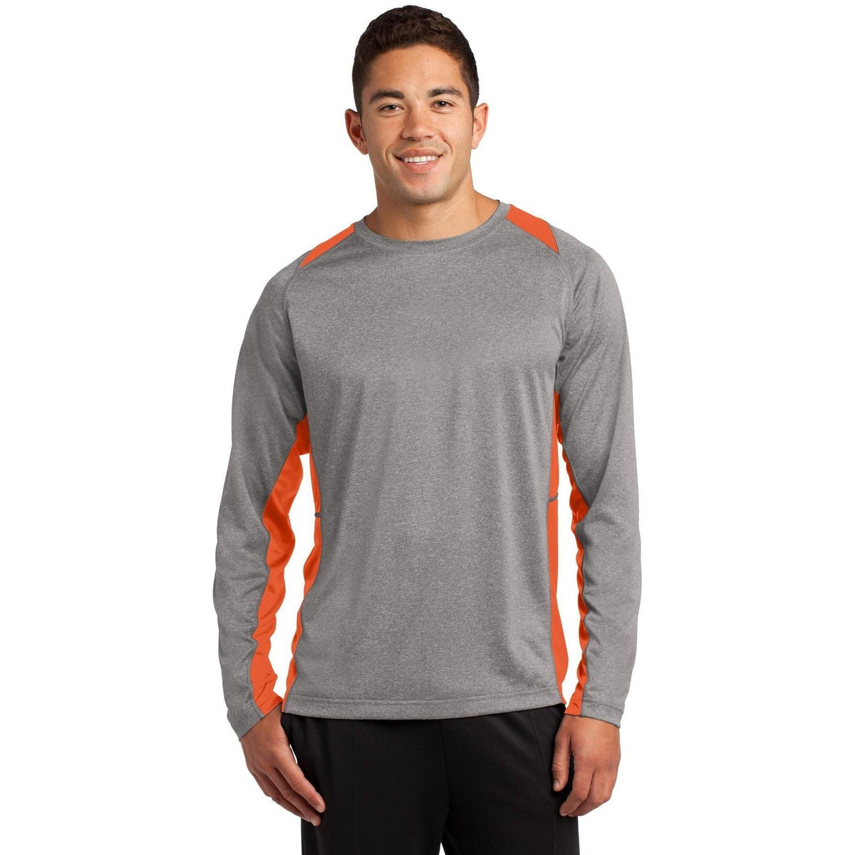 no-logo Sport-Tek Long Sleeve Heather Colorblock Contender Tee-Regular-Sport-Tek-Vintage Heather/Deep Orange-S-Thread Logic