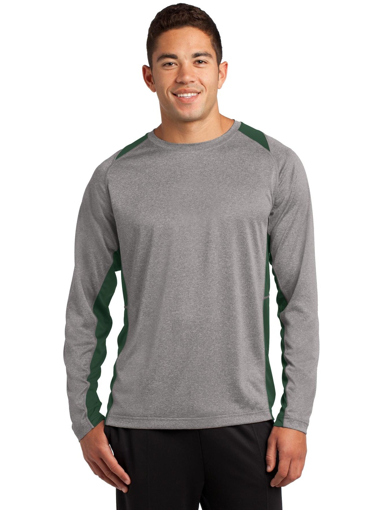 Sport-Tek Long Sleeve Heather Colorblock Contender Tee-Regular-Sport-Tek-Vintage Heather/Forest Green-S-Thread Logic