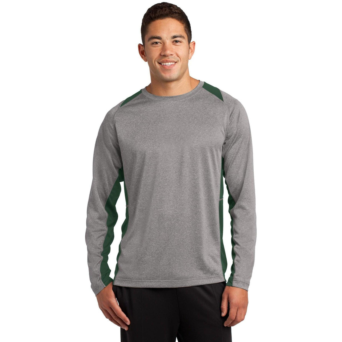no-logo Sport-Tek Long Sleeve Heather Colorblock Contender Tee-Regular-Sport-Tek-Vintage Heather/Forest Green-S-Thread Logic