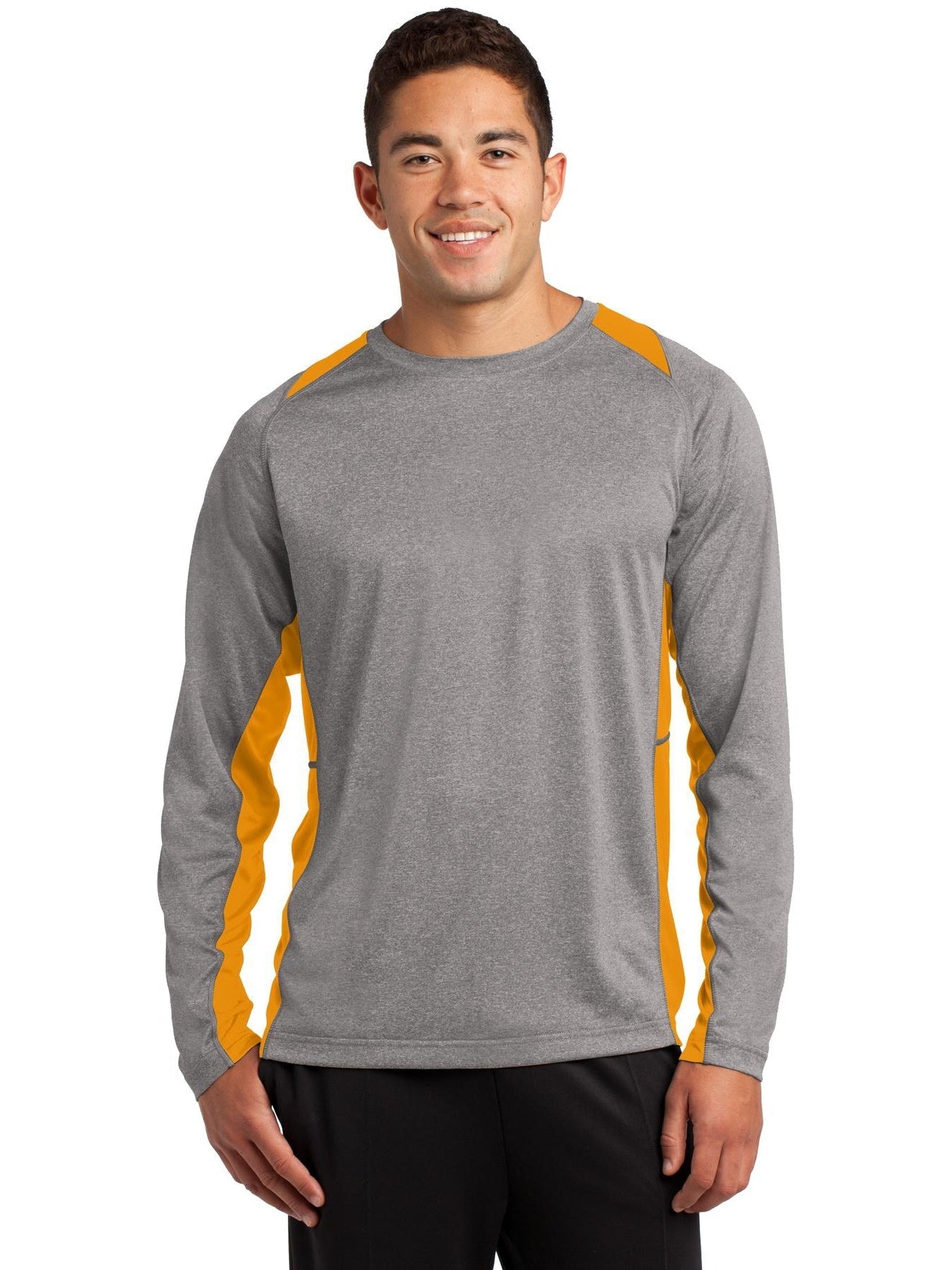 Sport-Tek Long Sleeve Heather Colorblock Contender Tee-Regular-Sport-Tek-Vintage Heather/Gold-S-Thread Logic