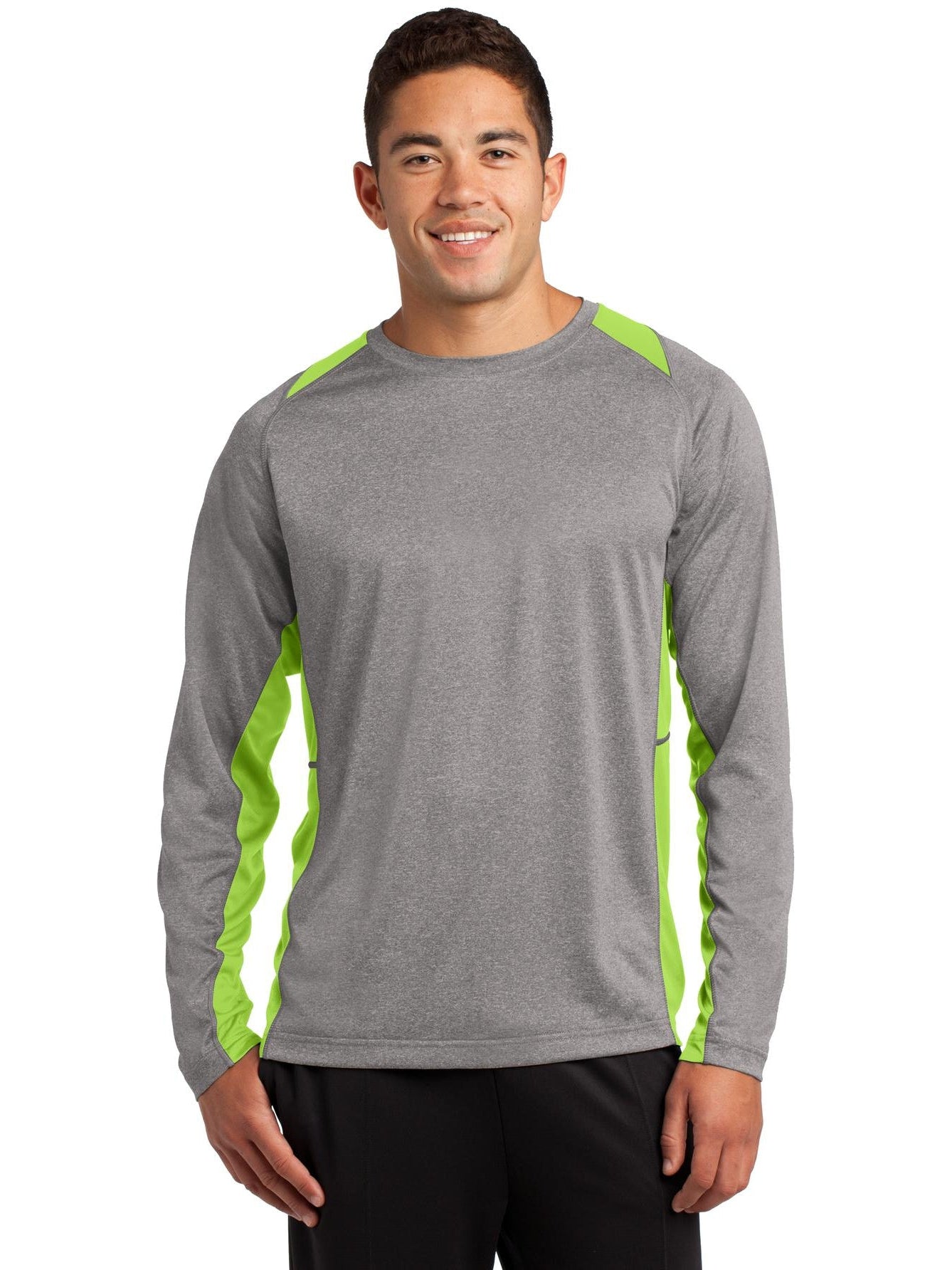 Sport-Tek Long Sleeve Heather Colorblock Contender Tee-Regular-Sport-Tek-Vintage Heather/Lime Shock-S-Thread Logic