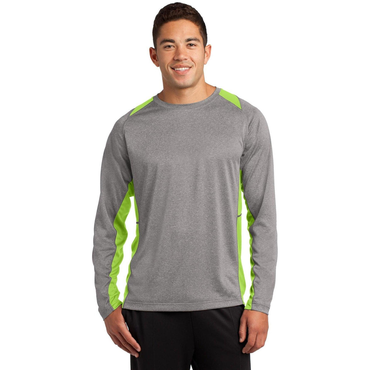 no-logo Sport-Tek Long Sleeve Heather Colorblock Contender Tee-Regular-Sport-Tek-Vintage Heather/Lime Shock-S-Thread Logic