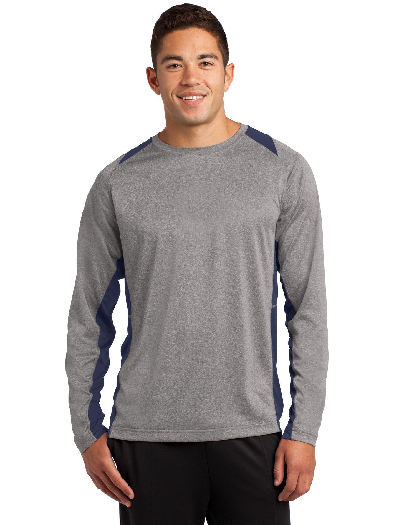 Sport-Tek Long Sleeve Heather Colorblock Contender Tee-Regular-Sport-Tek-Vintage Heather/True Navy-S-Thread Logic