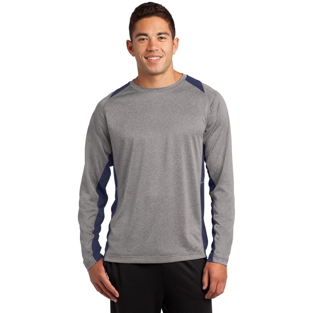 no-logo Sport-Tek Long Sleeve Heather Colorblock Contender Tee-Regular-Sport-Tek-Vintage Heather/True Navy-S-Thread Logic