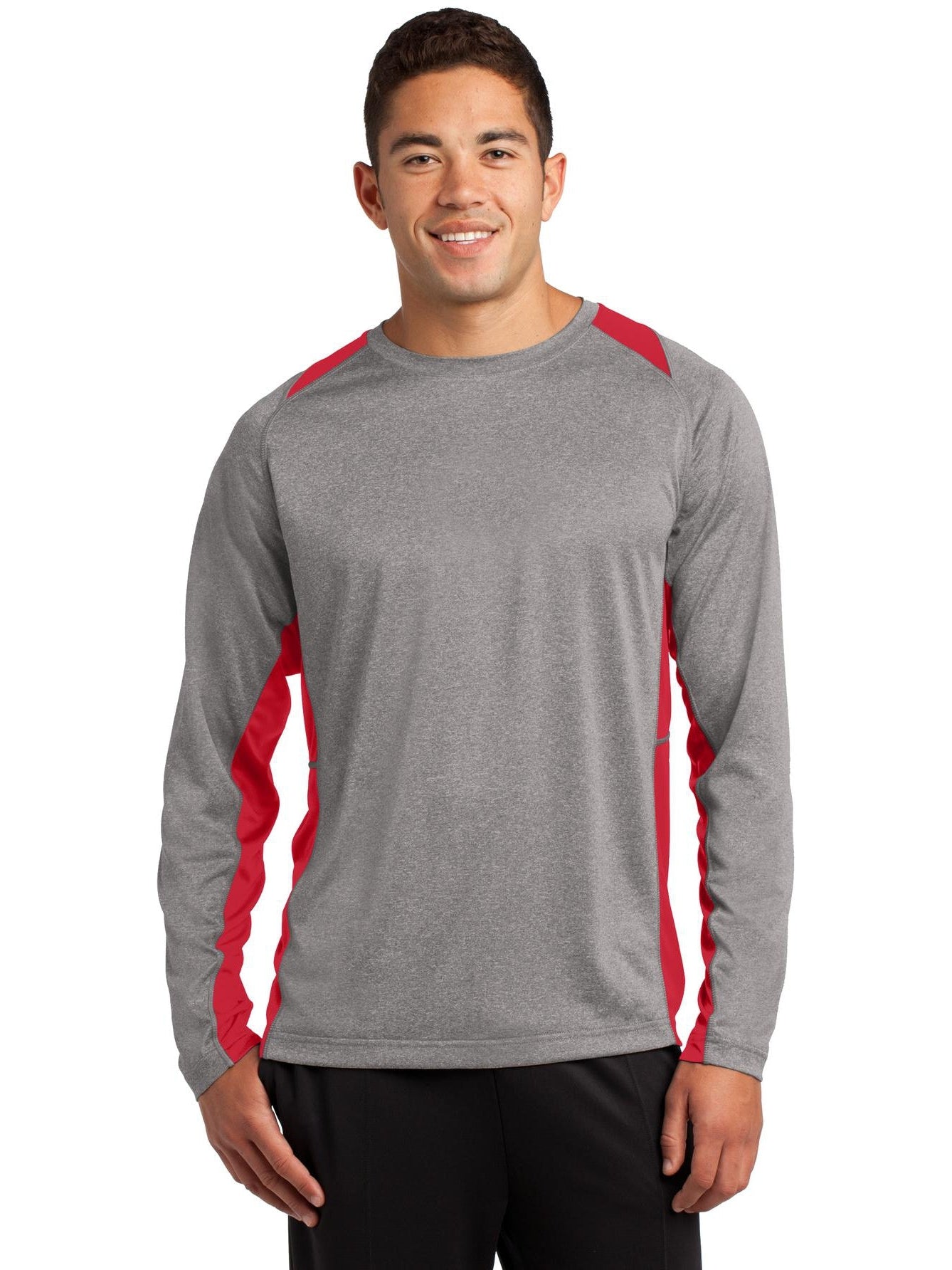 Sport-Tek Long Sleeve Heather Colorblock Contender Tee-Regular-Sport-Tek-Vintage Heather/True Red-S-Thread Logic