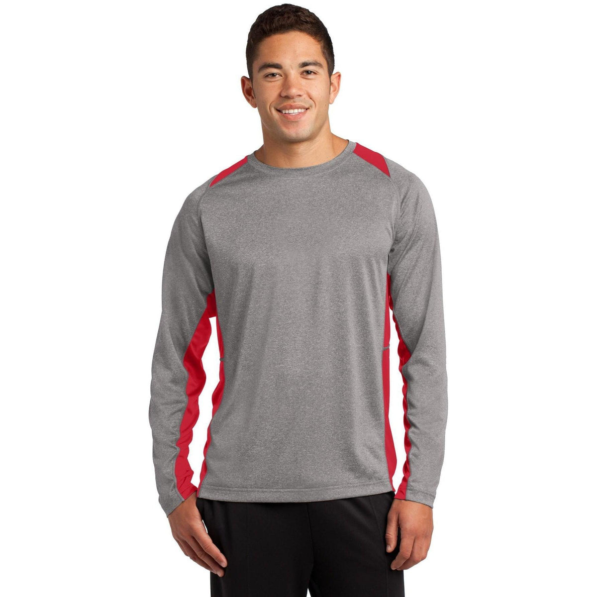 no-logo Sport-Tek Long Sleeve Heather Colorblock Contender Tee-Regular-Sport-Tek-Vintage Heather/True Red-S-Thread Logic