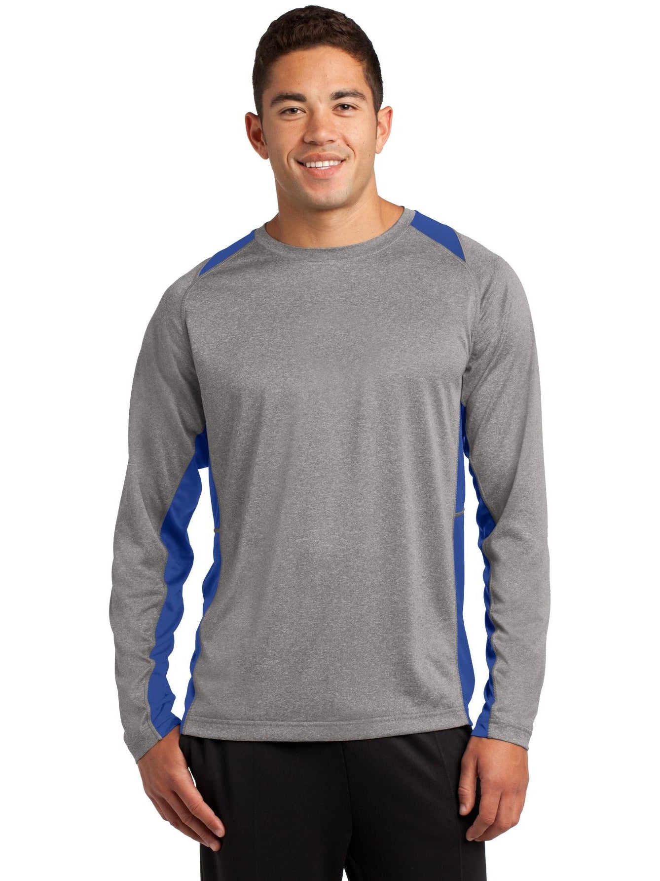 Sport-Tek Long Sleeve Heather Colorblock Contender Tee-Regular-Sport-Tek-Vintage Heather/True Royal-S-Thread Logic