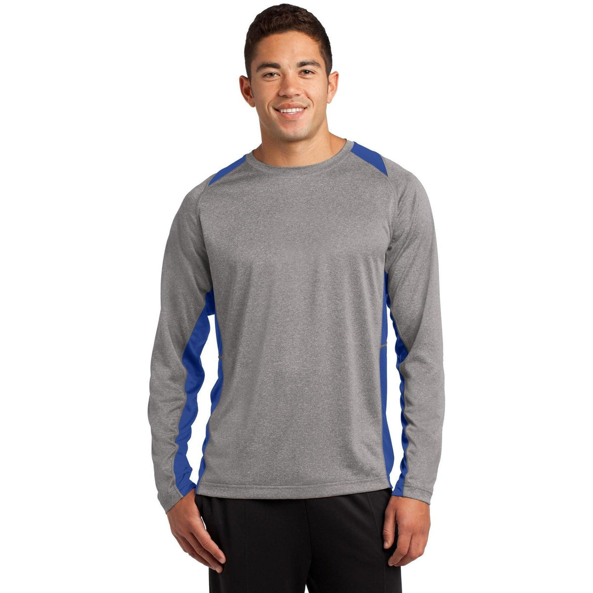 no-logo Sport-Tek Long Sleeve Heather Colorblock Contender Tee-Regular-Sport-Tek-Vintage Heather/True Royal-S-Thread Logic