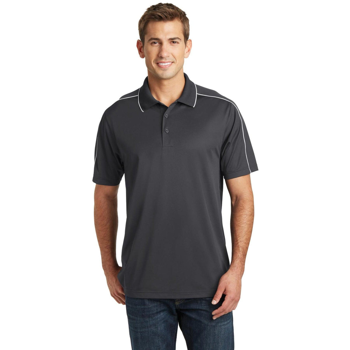 no-logo Sport-Tek Micropique Sport-Wick Piped Polo-Regular-Sport-Tek-Iron Grey/White-S-Thread Logic