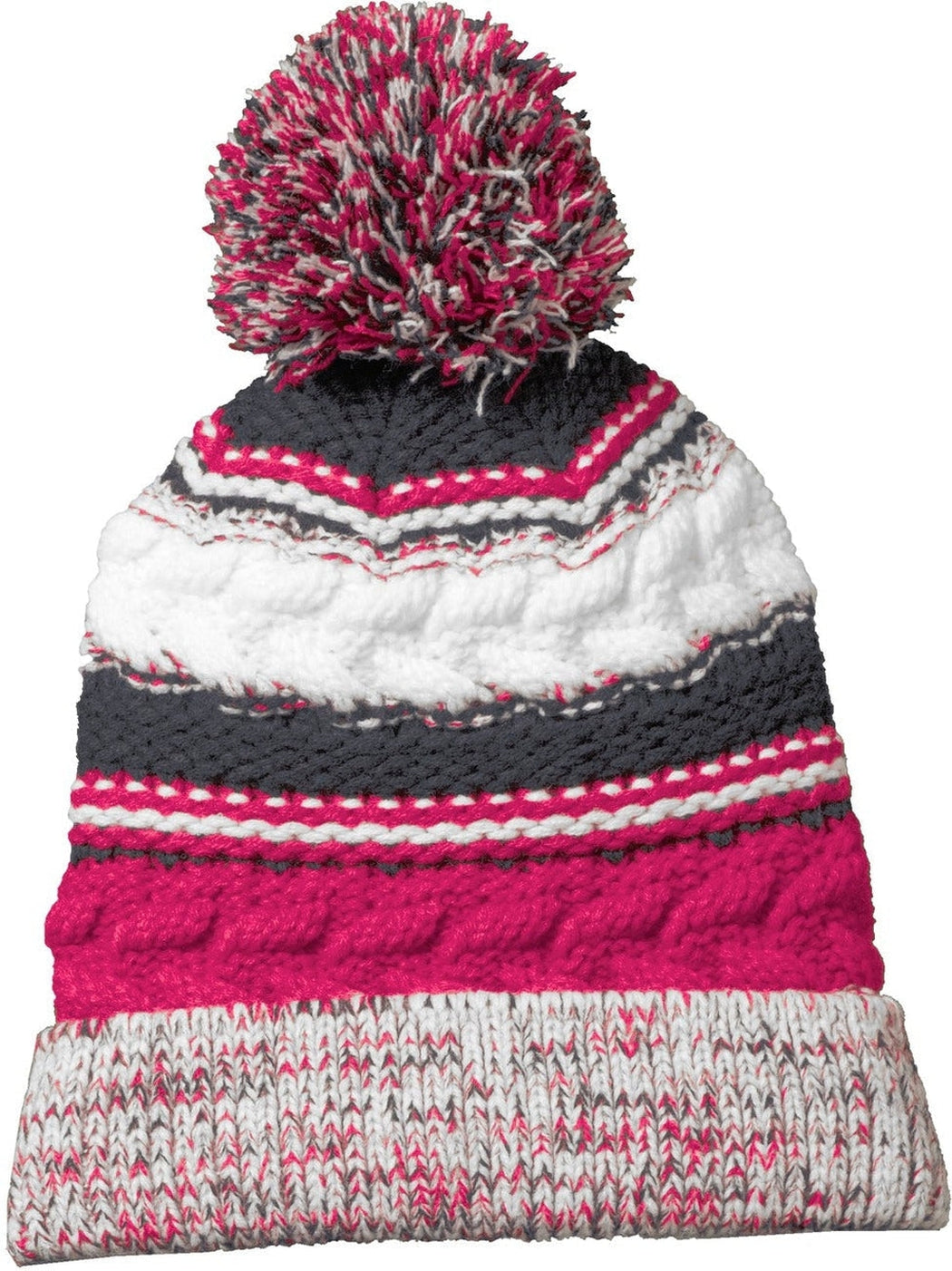 Sport-Tek Pom Pom Team Beanie-Regular-Sport-Tek-Pink Raspberry/Iron Grey/White-OSFA-Thread Logic