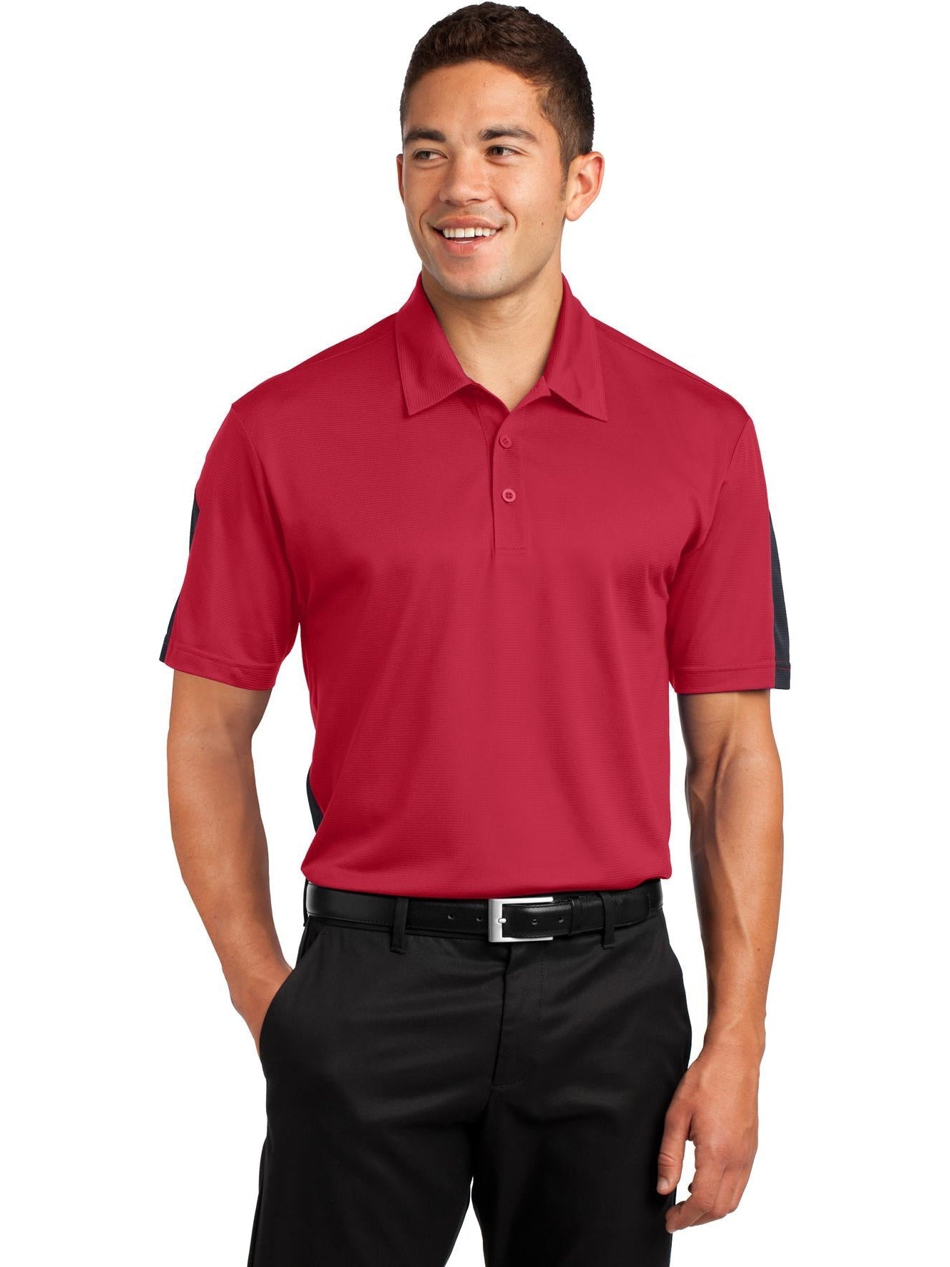 Sport-Tek PosiCharge Active Textured Colorblock Polo-Regular-Sport-Tek-True Red/Grey-S-Thread Logic