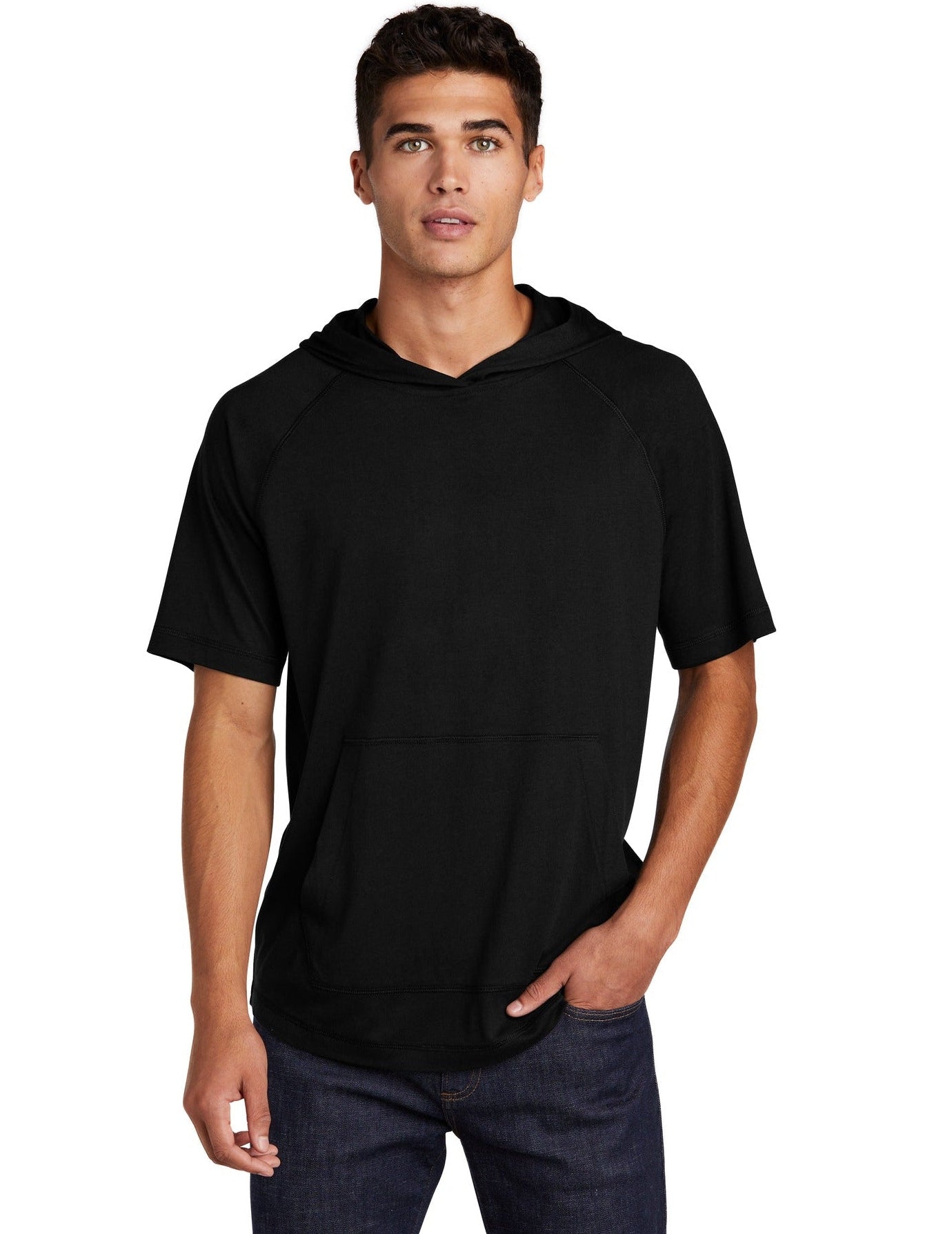 Sport-Tek PosiCharge Tri-Blend Wicking Short Sleeve Hoodie-Regular-Sport-Tek-Black Triad Solid-S-Thread Logic