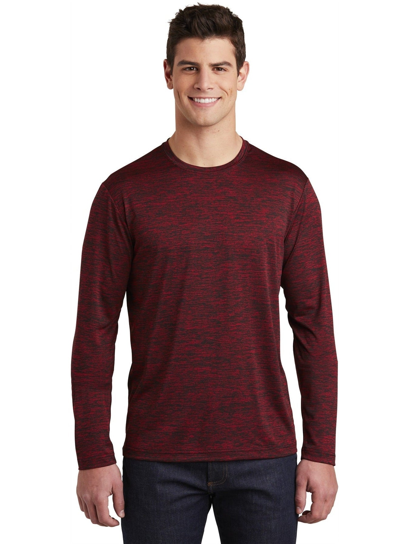 Sport-Tek Posicharge Long Sleeve Electric Heather Tee-Regular-Sport-Tek-Deep Red-Black Electric-S-Thread Logic
