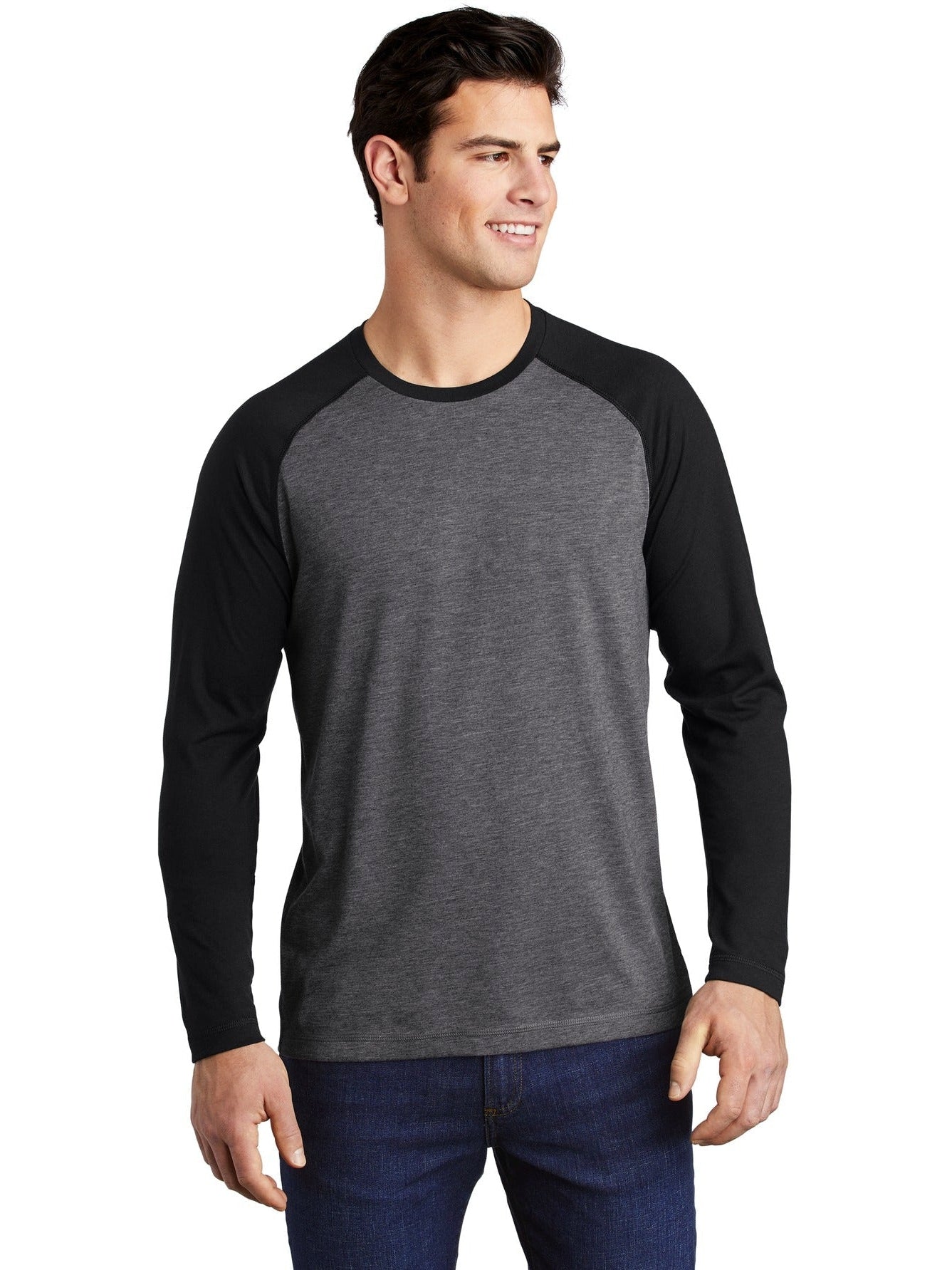Sport-Tek Posicharge Long Sleeve Tri-Blend Wicking Raglan Tee-Regular-Sport-Tek-Black Triad Solid/Dark Grey Heather-S-Thread Logic