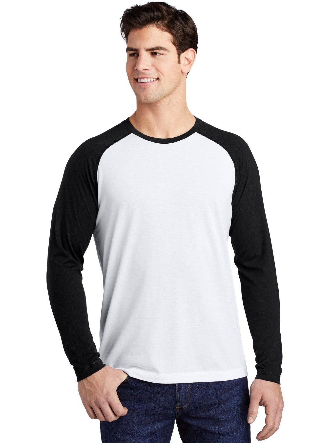 Sport-Tek Posicharge Long Sleeve Tri-Blend Wicking Raglan Tee-Regular-Sport-Tek-Black Triad Solid/White Triad Solid-S-Thread Logic