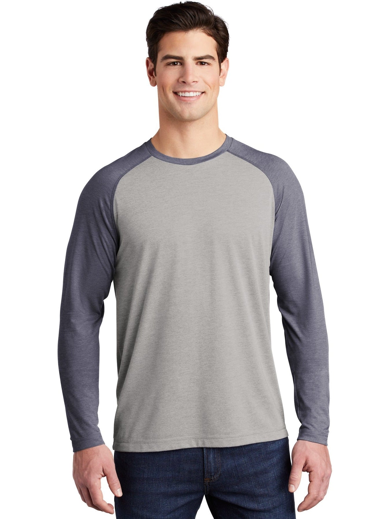 Sport-Tek Posicharge Long Sleeve Tri-Blend Wicking Raglan Tee-Regular-Sport-Tek-True Navy Heather/Light Grey Heather-S-Thread Logic