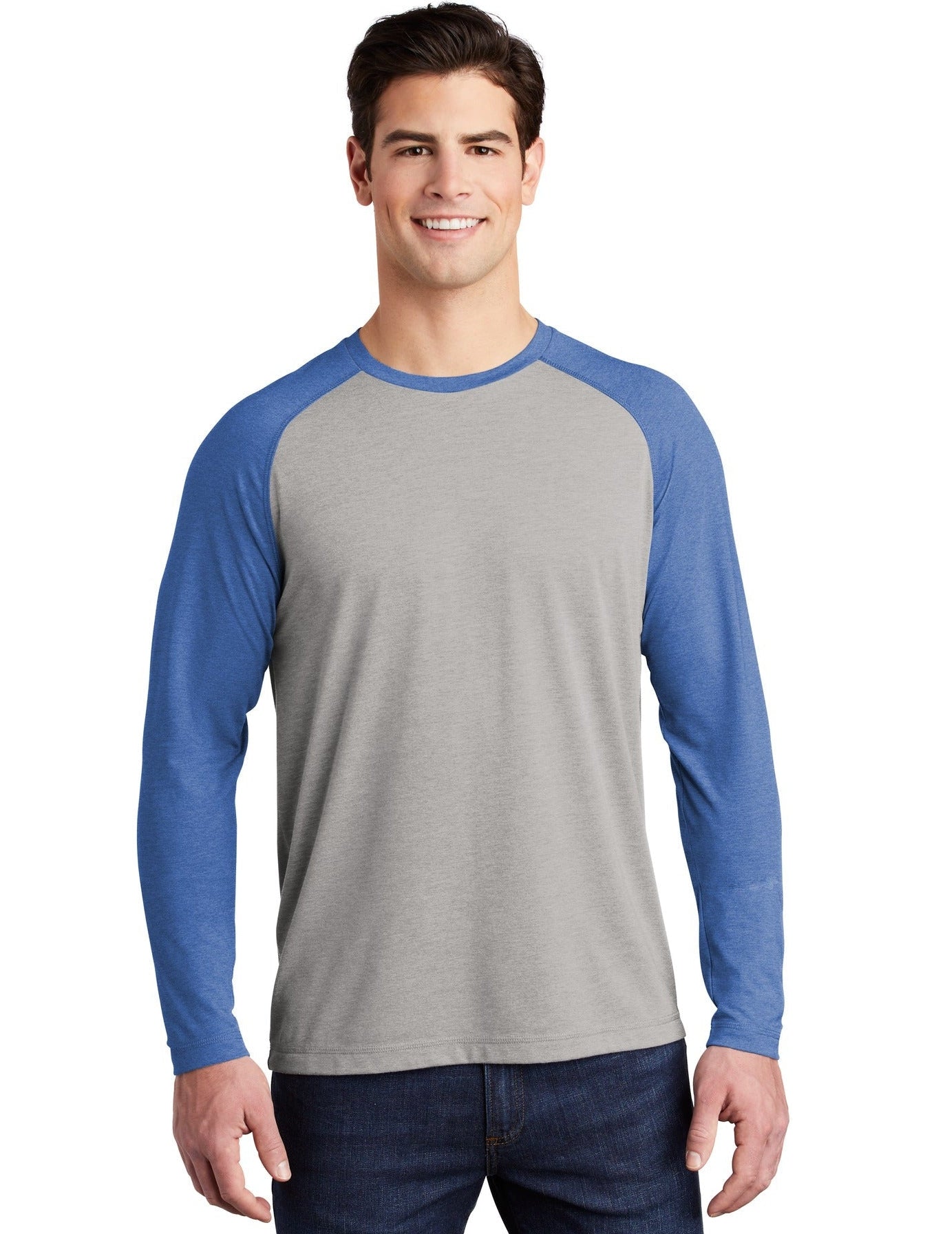 Sport-Tek Posicharge Long Sleeve Tri-Blend Wicking Raglan Tee-Regular-Sport-Tek-True Royal Heather/Light Grey Heather-S-Thread Logic