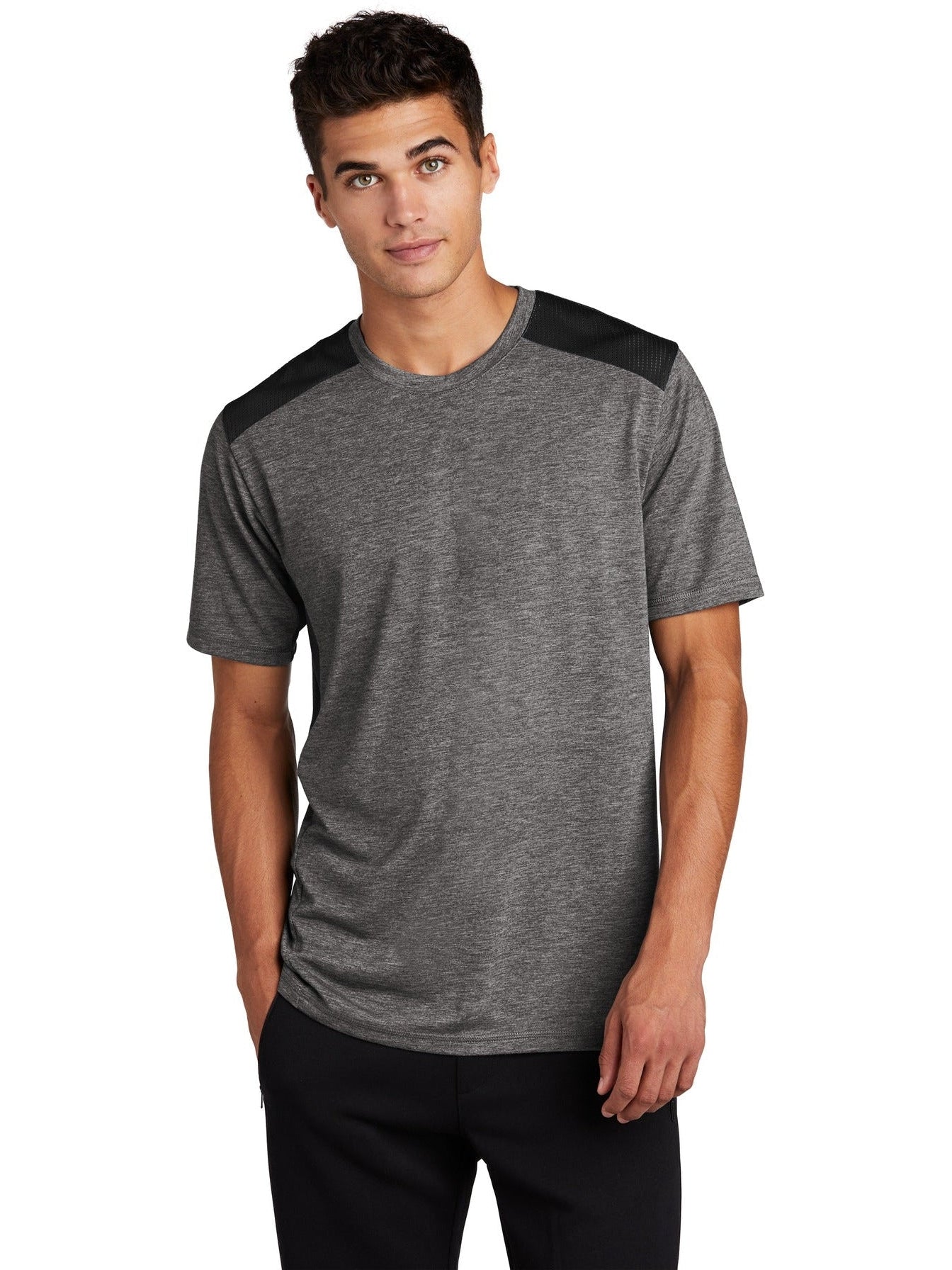 Sport-Tek Posicharge Tri-Blend Wicking Draft Tee-Regular-Sport-Tek-Black/Dark Grey Heather-S-Thread Logic