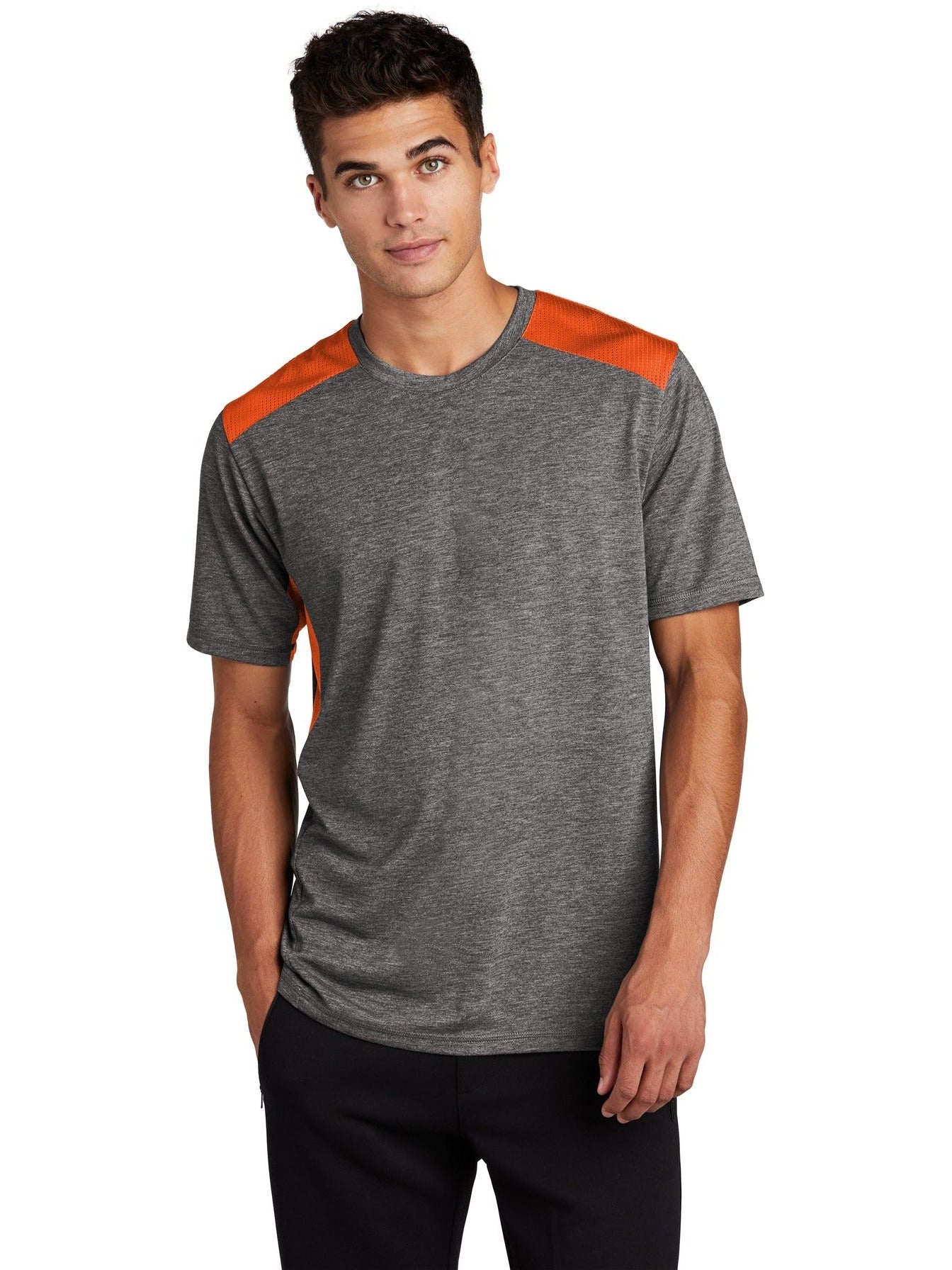 Sport-Tek Posicharge Tri-Blend Wicking Draft Tee-Regular-Sport-Tek-Deep Orange/Dark Grey Heather-S-Thread Logic
