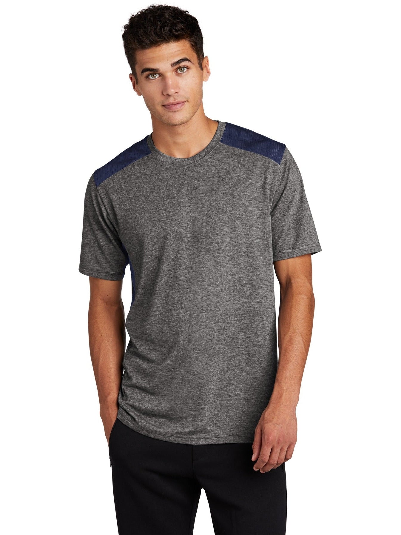 Sport-Tek Posicharge Tri-Blend Wicking Draft Tee-Regular-Sport-Tek-True Navy/Dark Grey Heather-S-Thread Logic