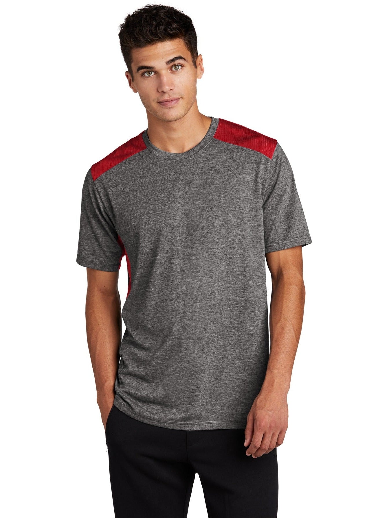 Sport-Tek Posicharge Tri-Blend Wicking Draft Tee-Regular-Sport-Tek-True Red/Dark Grey Heather-S-Thread Logic