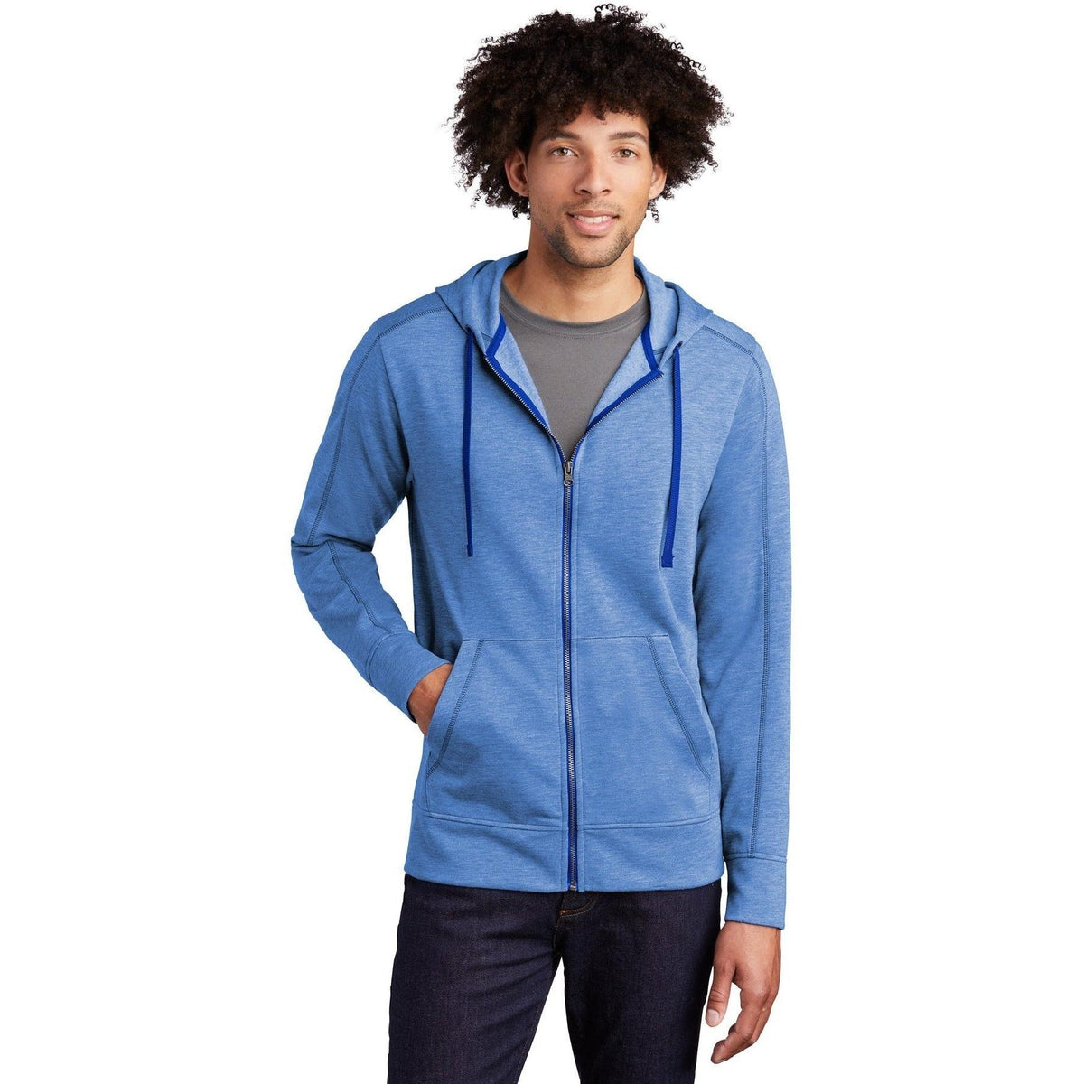 no-logo Sport-Tek Posicharge Tri-Blend Wicking Fleece Full-Zip Hooded Jacket-Regular-Sport-Tek-True Royal Heather-S-Thread Logic