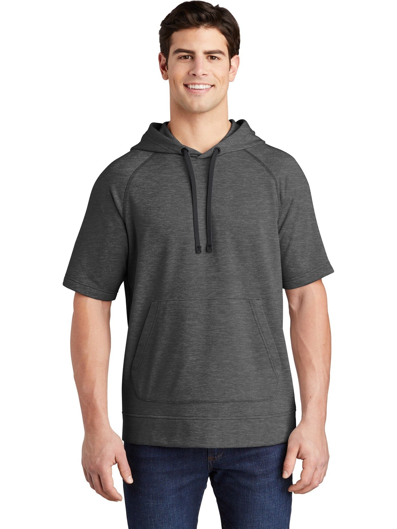 No-Logo CLOSEOUT - Sport-Tek Posicharge Tri-Blend Wicking Fleece Short Sleeve Hooded Pullover-Hoodies-Sport-Tek-Dark Grey Heather-S-Thread Logic