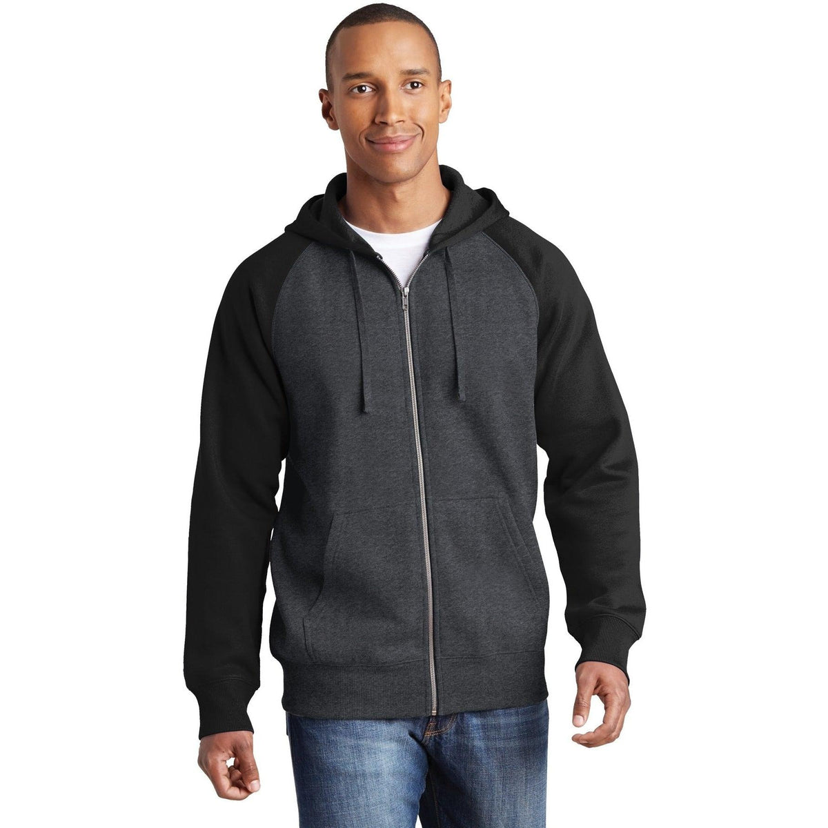 no-logo Sport-Tek Raglan Colorblock Full-Zip Hooded Fleece Jacket-Regular-Sport-Tek-Graphite Heather/Black-S-Thread Logic