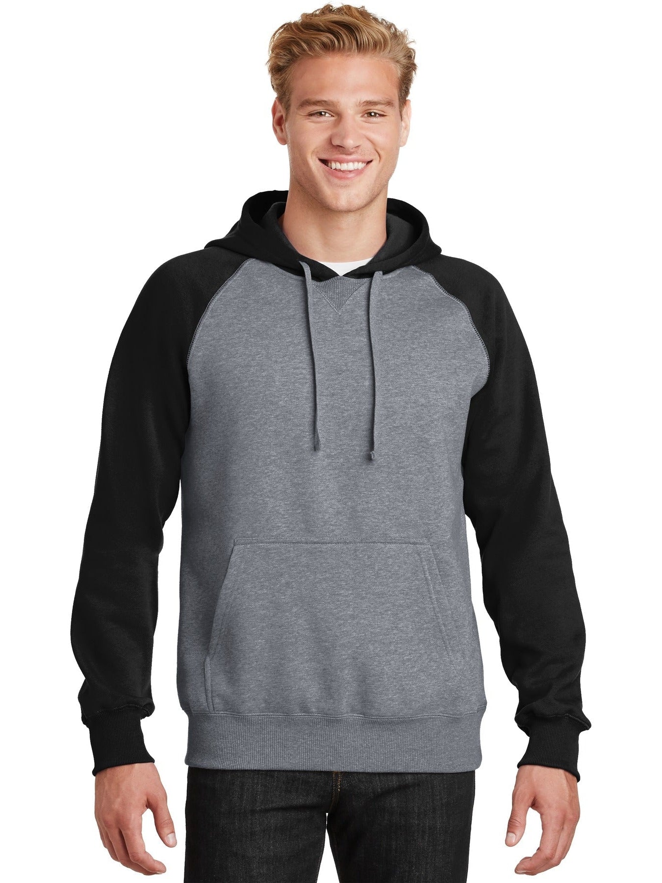 Sport-Tek Raglan Colorblock Pullover Hooded Sweatshirt-Regular-Sport-Tek-Black/Vintage Heather-S-Thread Logic