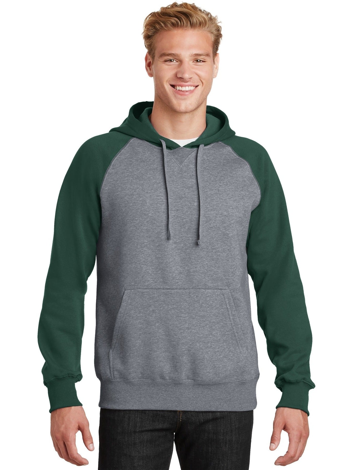 Sport-Tek Raglan Colorblock Pullover Hooded Sweatshirt-Regular-Sport-Tek-Forest Green/Vintage Heather-S-Thread Logic