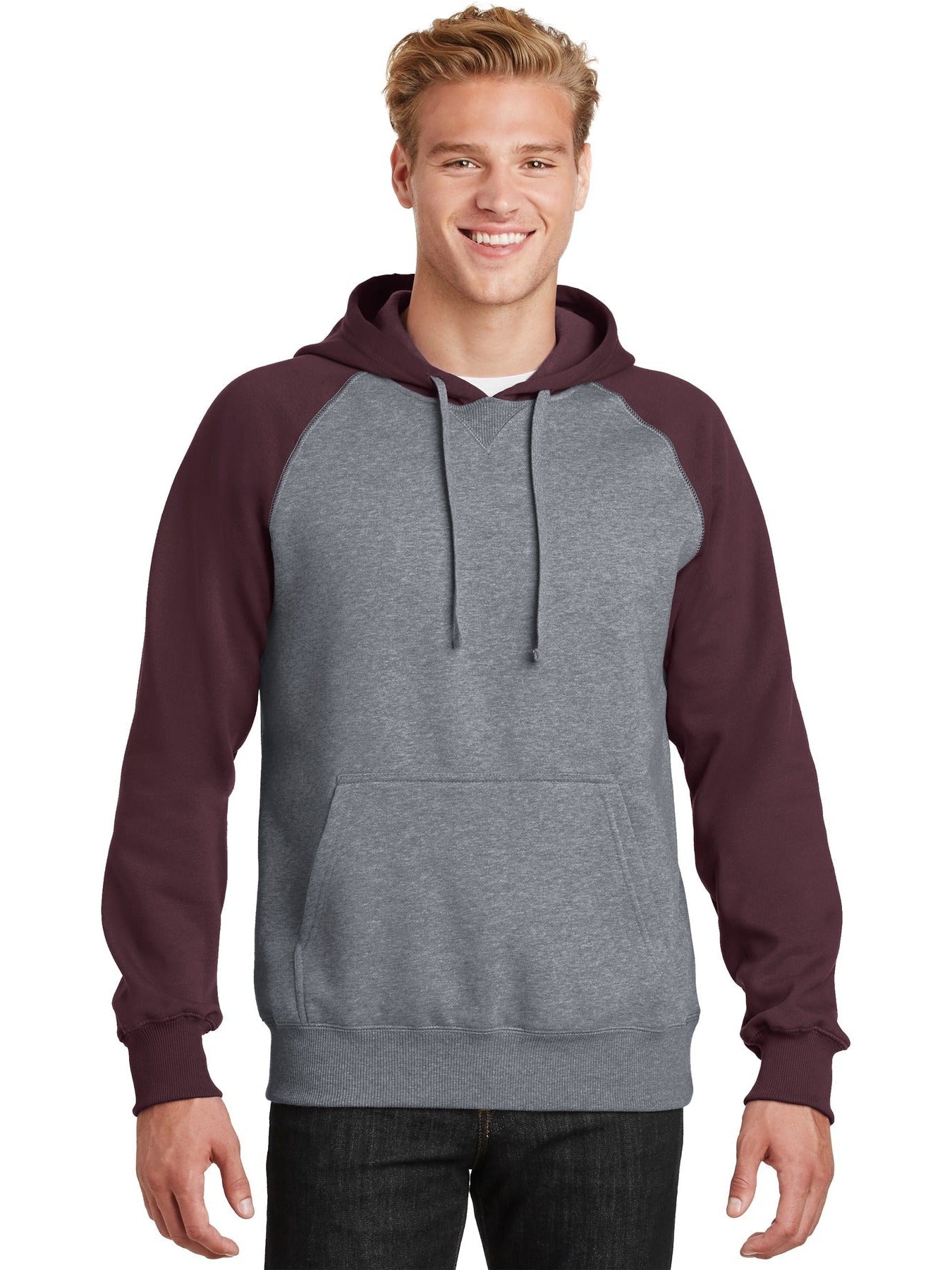 Sport-Tek Raglan Colorblock Pullover Hooded Sweatshirt-Regular-Sport-Tek-Maroon/Vintage Heather-S-Thread Logic