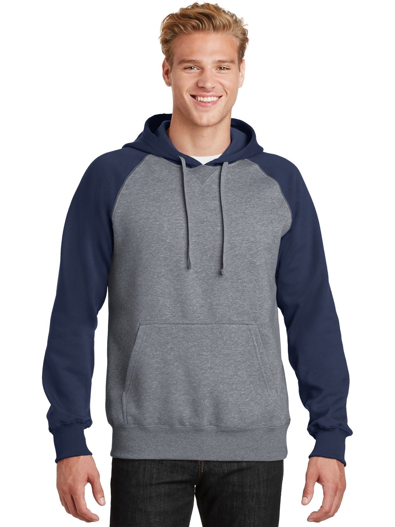 Sport-Tek Raglan Colorblock Pullover Hooded Sweatshirt-Regular-Sport-Tek-True Navy/Vintage Heather-S-Thread Logic