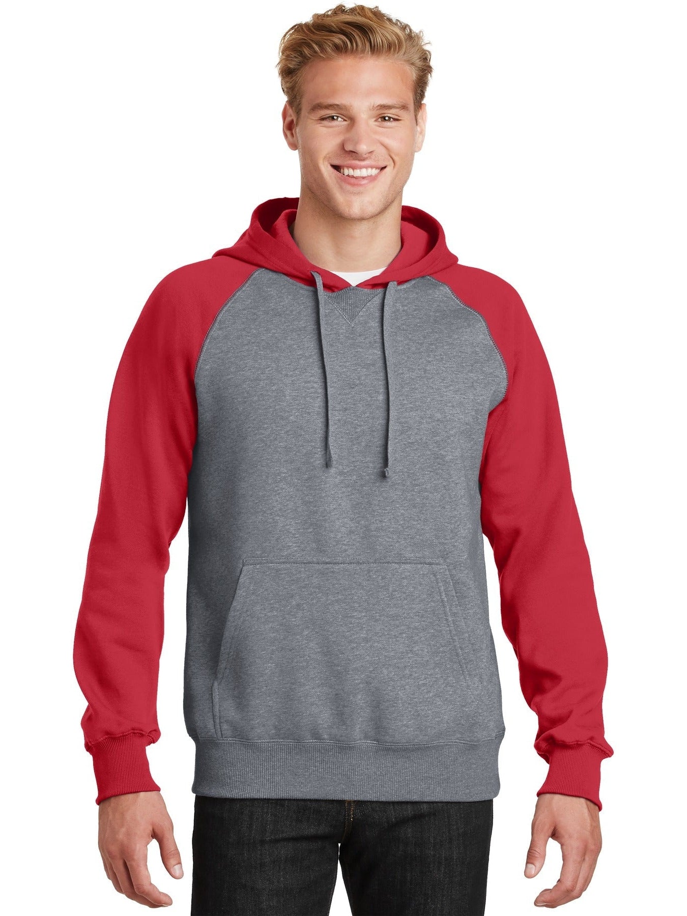 Sport-Tek Raglan Colorblock Pullover Hooded Sweatshirt-Regular-Sport-Tek-True Red/Vintage Heather-S-Thread Logic