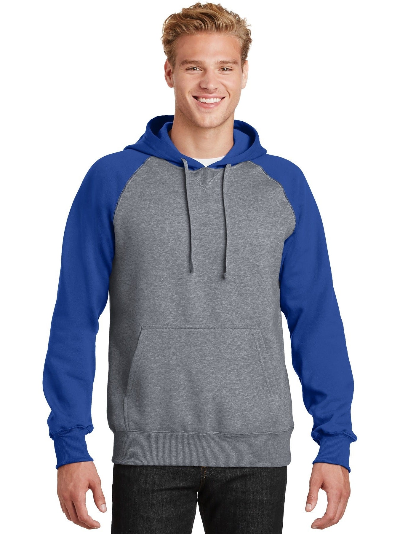 Sport-Tek Raglan Colorblock Pullover Hooded Sweatshirt-Regular-Sport-Tek-True Royal/Vintage Heather-S-Thread Logic