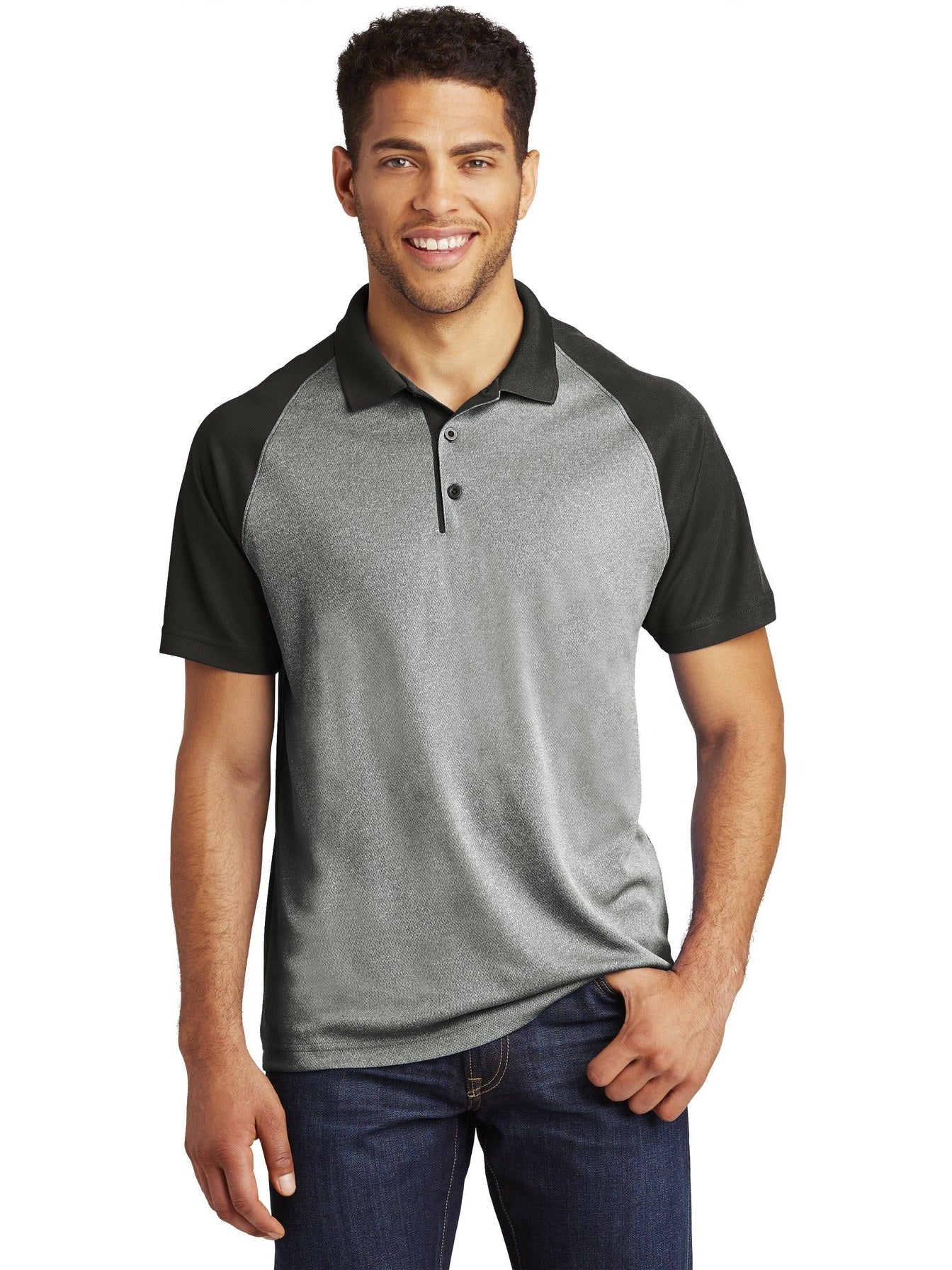 Sport-Tek Raglan Heather Block Polo-Regular-Sport-Tek-Grey Heather/Black-XS-Thread Logic