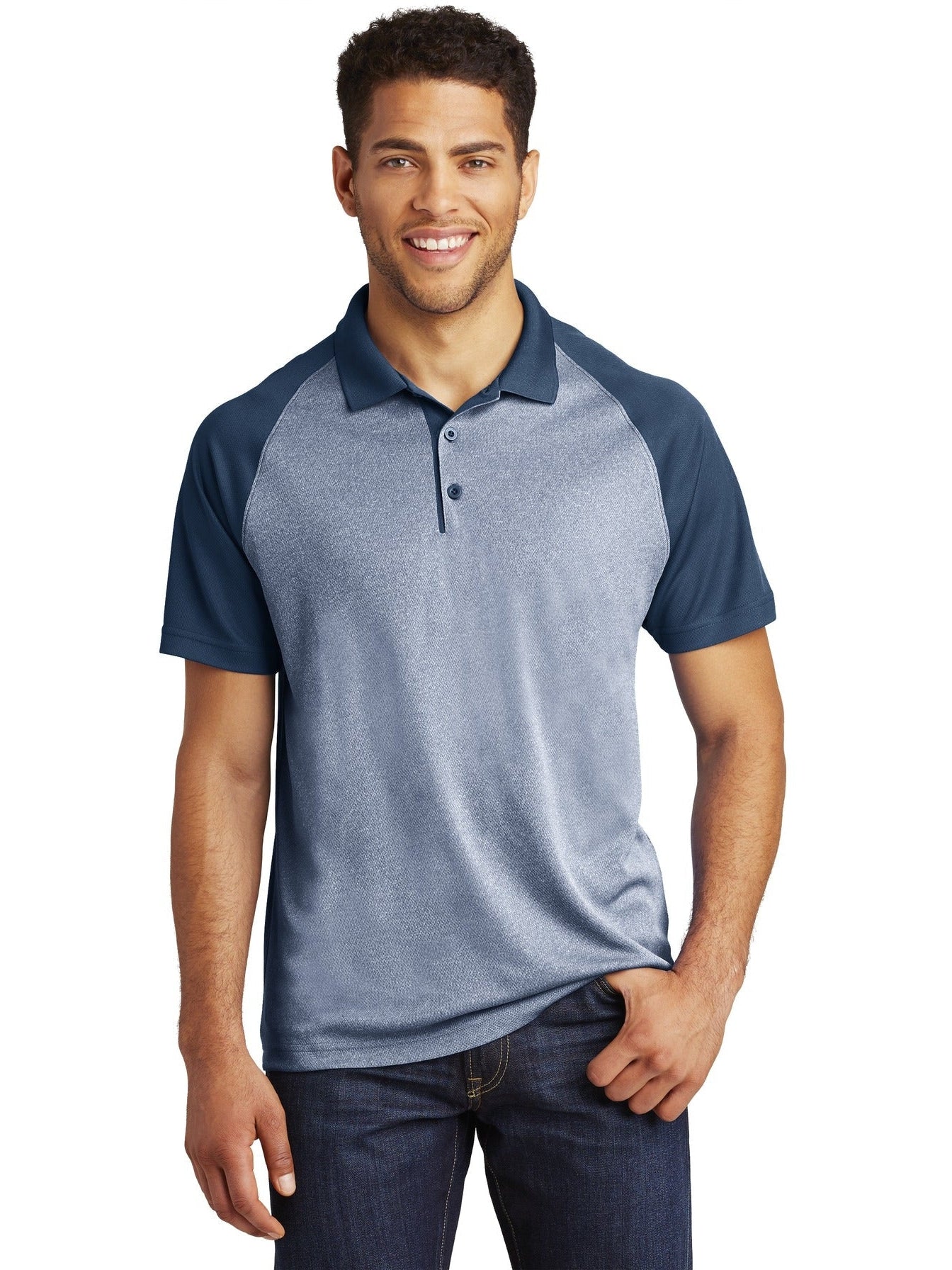 Sport-Tek Raglan Heather Block Polo-Regular-Sport-Tek-True Navy Heather/True Navy-XS-Thread Logic
