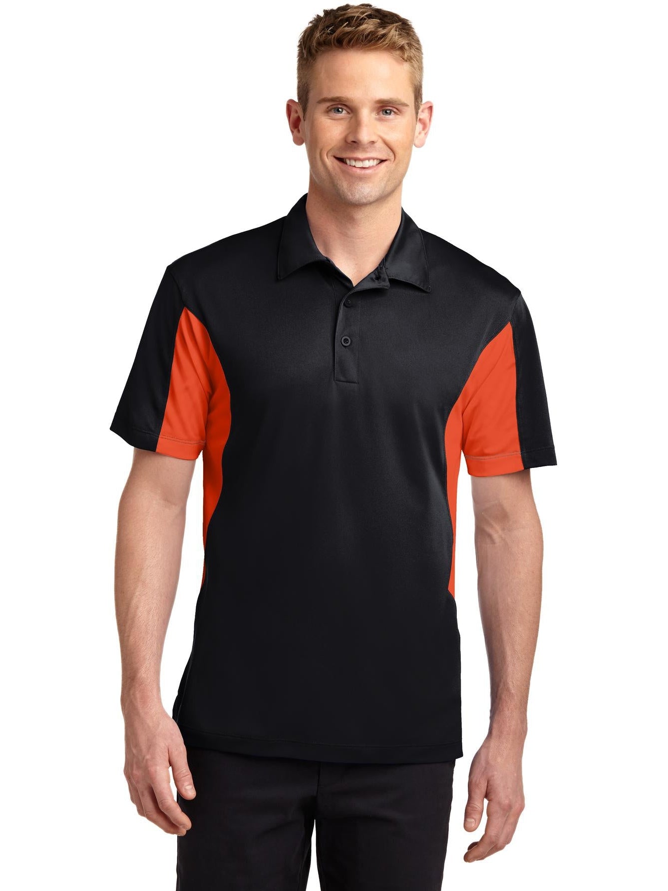 Sport-Tek Side Blocked Micropique Polo Shirt-Regular-Sport-Tek-Black/Deep Orange-S-Thread Logic