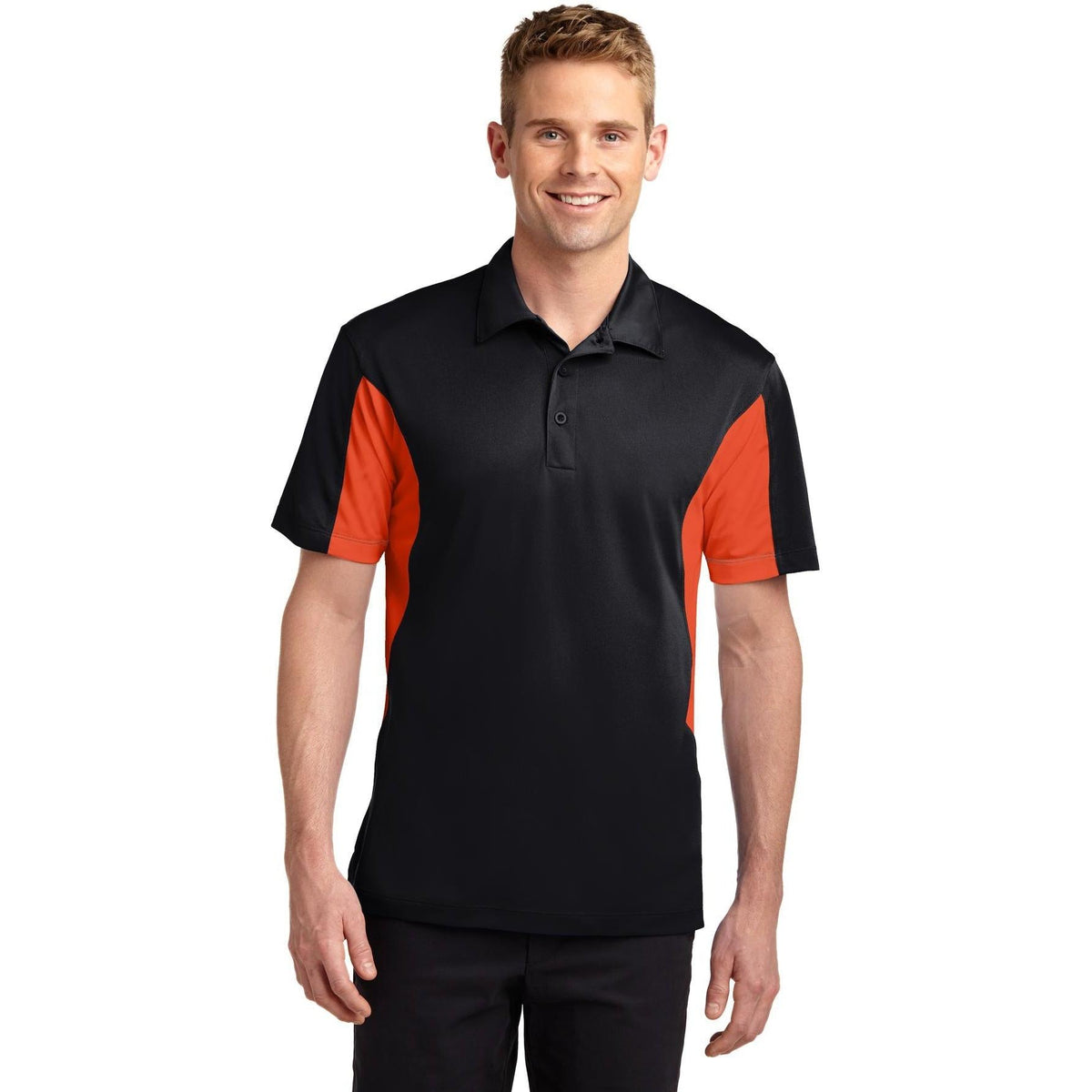 no-logo Sport-Tek Side Blocked Micropique Polo Shirt-Regular-Sport-Tek-Black/Deep Orange-S-Thread Logic