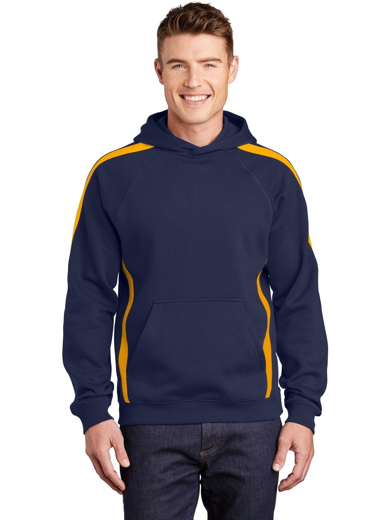 Sport-Tek Sleeve Stripe Pullover Hooded Sweatshirt-Active-Sport-Tek-True Navy/Gold-S-Thread Logic