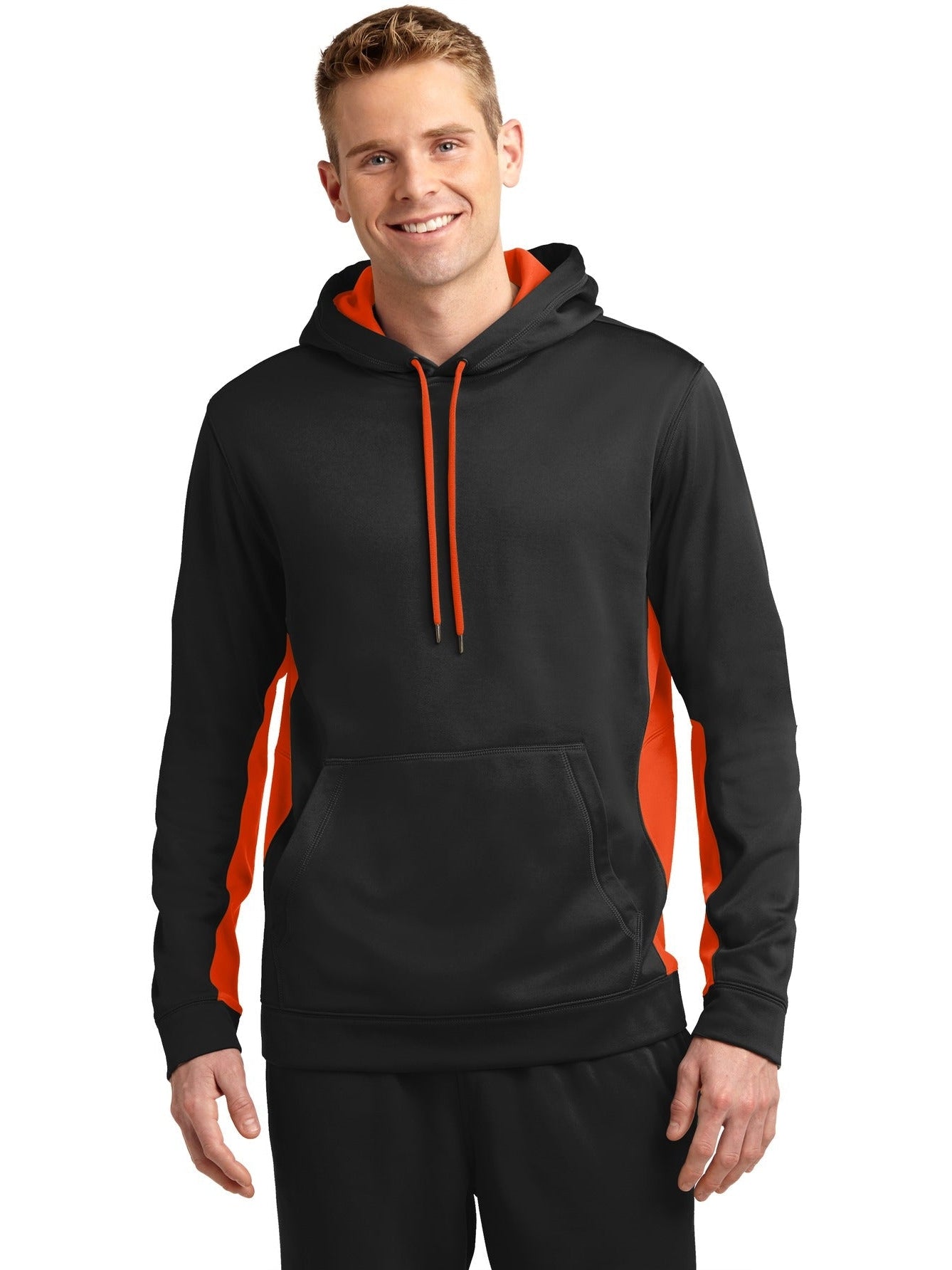 Sport-Tek Sport-Wick Fleece Colorblock Hooded Pullover-Regular-Sport-Tek-Black/Deep Orange-S-Thread Logic