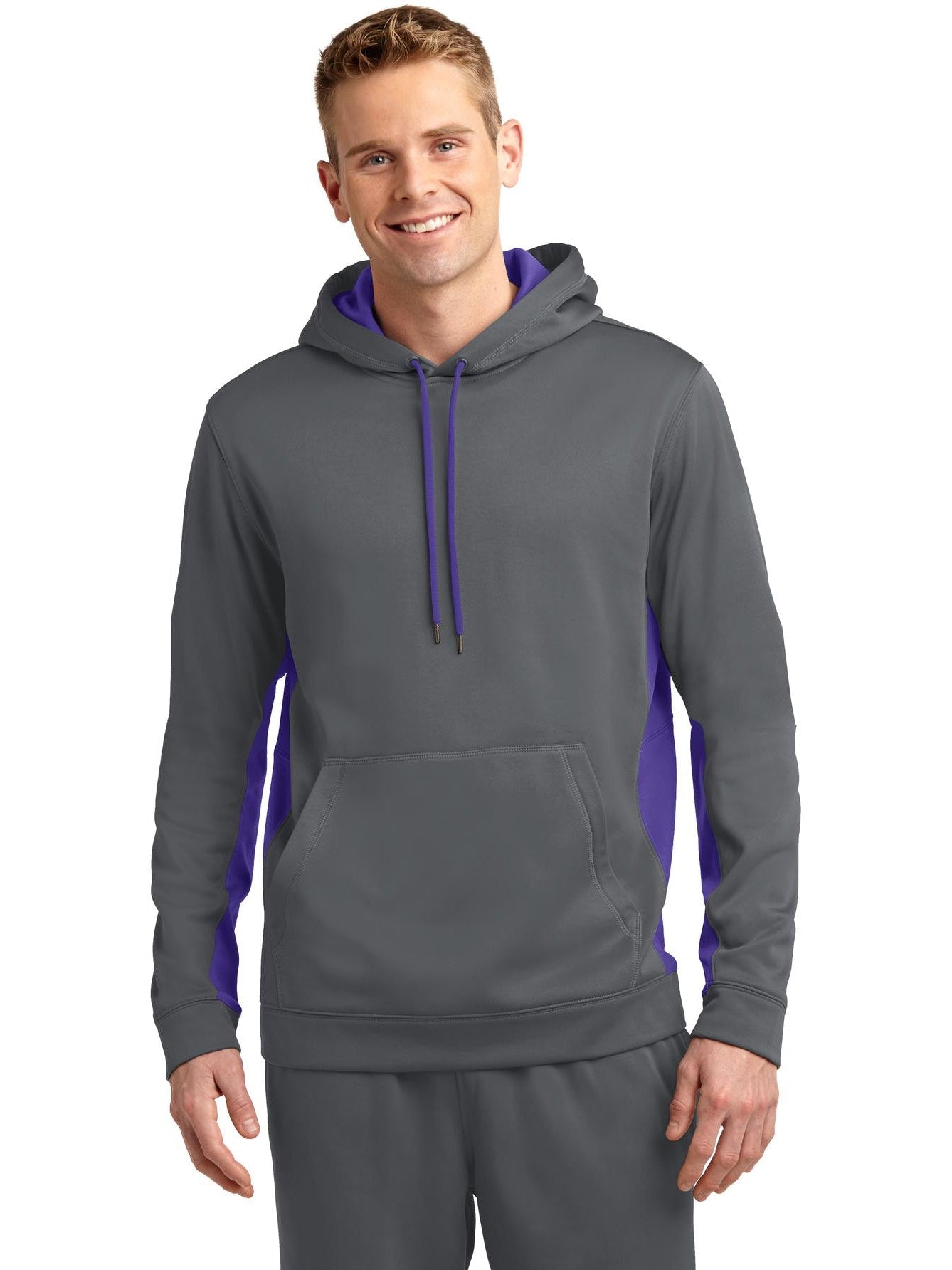 Sport-Tek Sport-Wick Fleece Colorblock Hooded Pullover-Regular-Sport-Tek-Dark Smoke Grey/Purple-S-Thread Logic