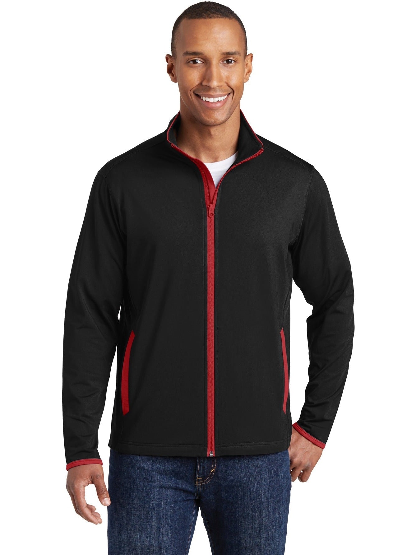 Sport-Tek Sport-Wick Stretch Contrast Full-Zip Jacket-Regular-Sport-Tek-Black/True Red-XS-Thread Logic