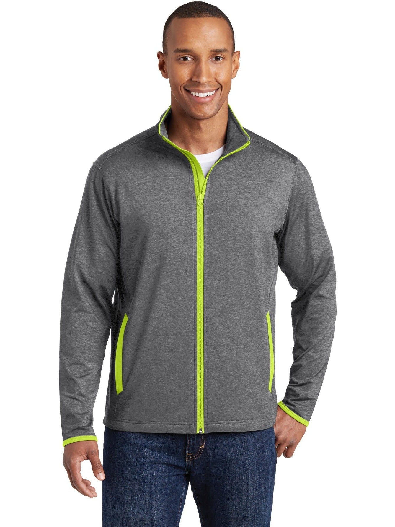 Sport-Tek Sport-Wick Stretch Contrast Full-Zip Jacket-Regular-Sport-Tek-Charcoal Grey Heather/Charge Green-XS-Thread Logic