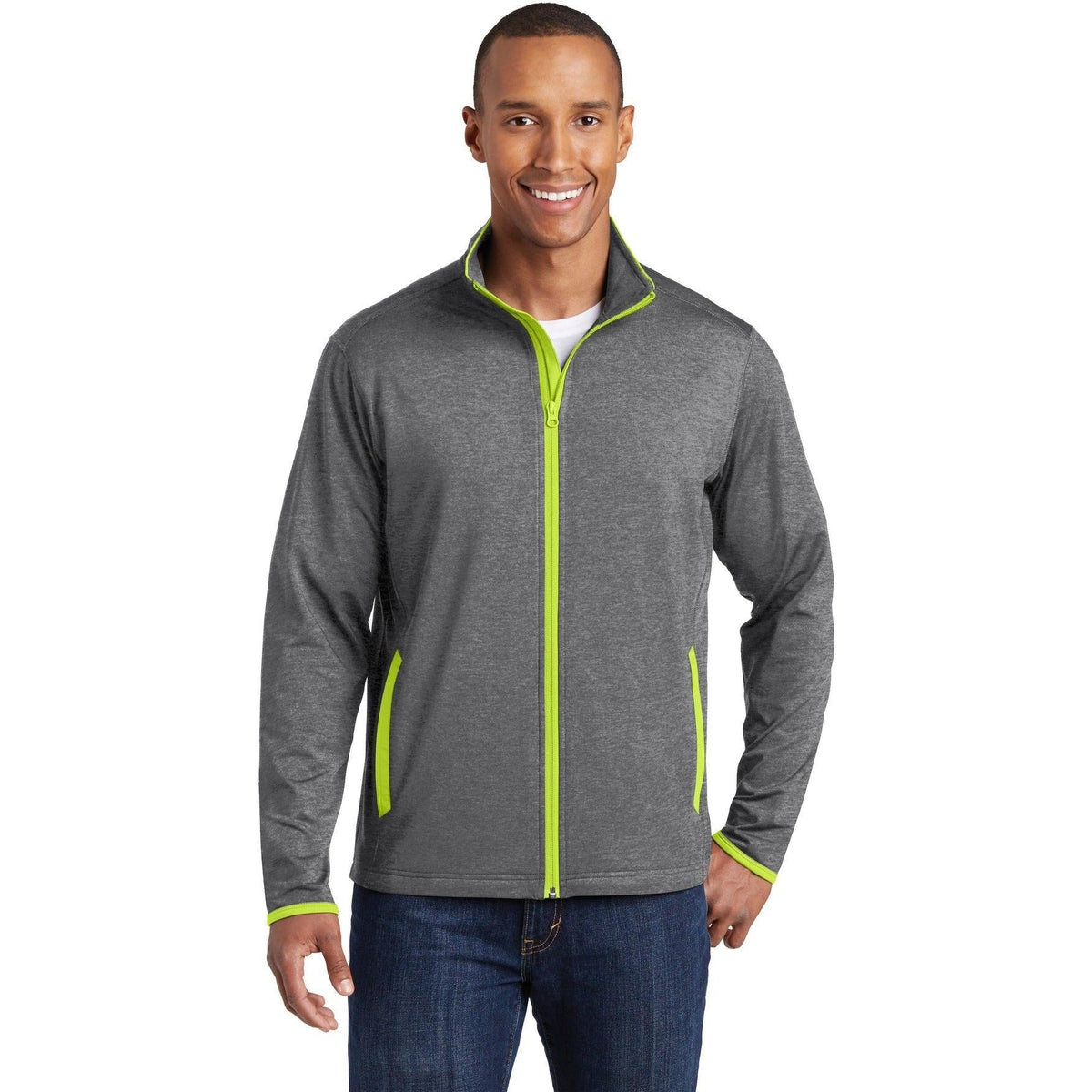 no-logo Sport-Tek Sport-Wick Stretch Contrast Full-Zip Jacket-Regular-Sport-Tek-Charcoal Grey Heather/Charge Green-XS-Thread Logic
