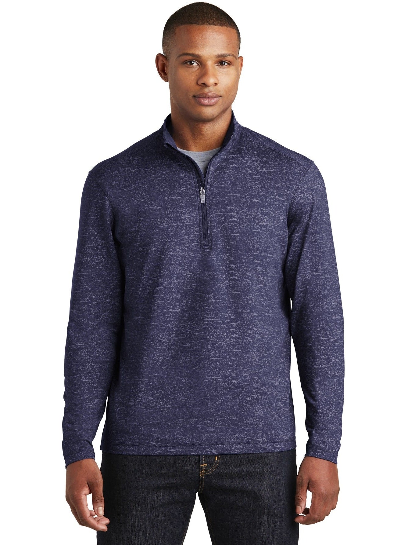 No-Logo CLOSEOUT - Sport-Tek Sport-Wick Stretch Reflective Heather 1/2-Zip Pullover-Quarter Zips-Sport-Tek-True Navy-S-Thread Logic
