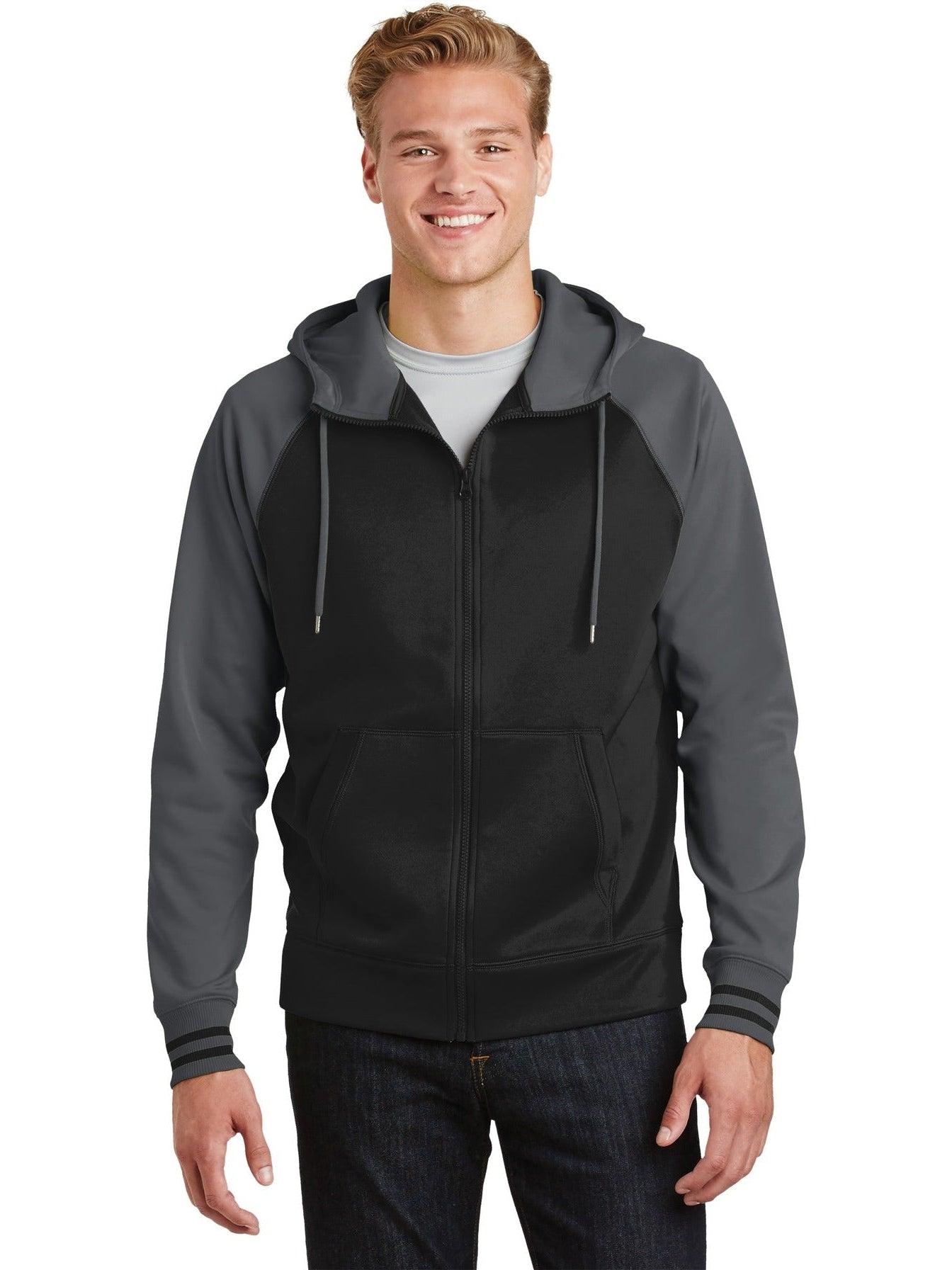 Sport-Tek Sport-Wick Varsity Fleece Full-Zip Hooded Jacket-Regular-Sport-Tek-Black/Dark Smoke Grey-S-Thread Logic