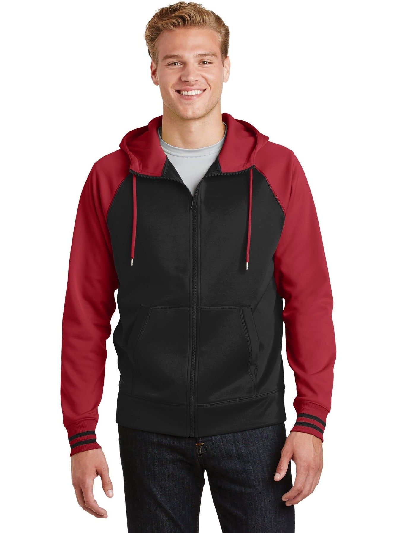 Sport-Tek Sport-Wick Varsity Fleece Full-Zip Hooded Jacket-Regular-Sport-Tek-Black/Deep Red-S-Thread Logic